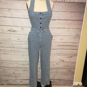 ANTHRO SOFT DENIM OPEN BACK JUMPSUIT EUC